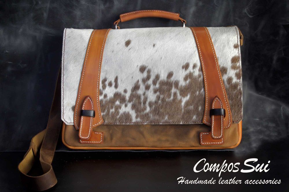 Чанта за лаптоп от естествена кожа с косъм