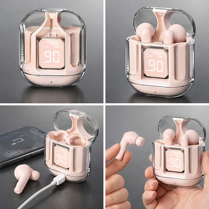 Безжични Bluetooth слушалки с LED дисплей и прозрачен заряден калъф
