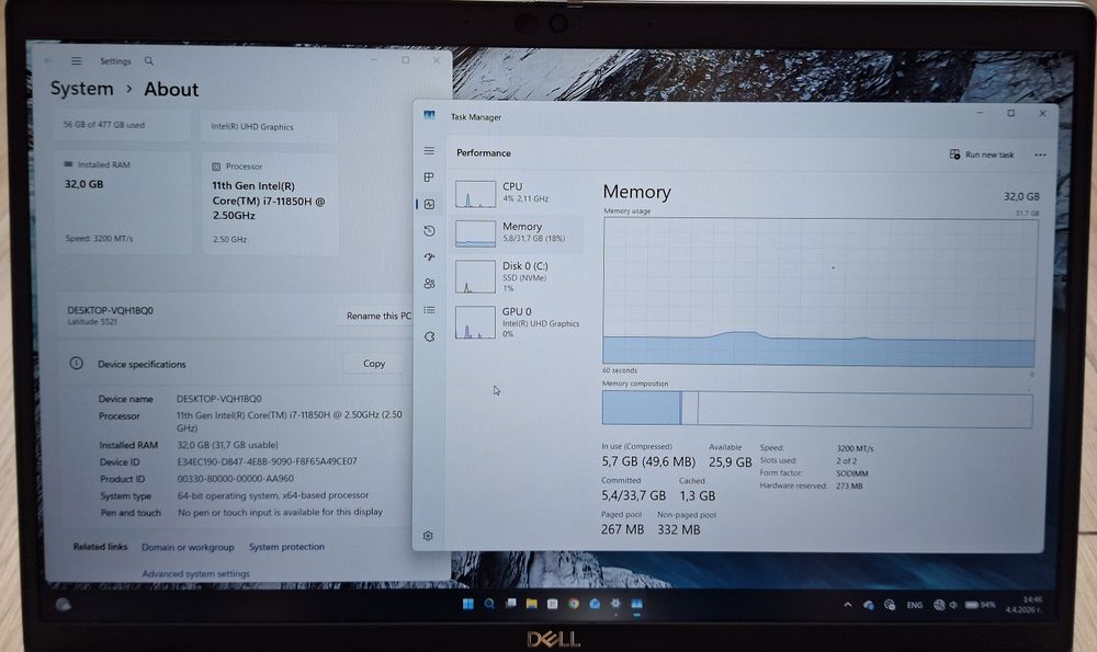 15.6' IPS Dell Latitude 5521 Intel Core i7-11850H/32GB DDR4/512GB/Бат.4ч.