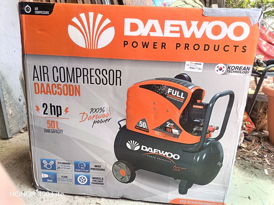 Compresor Daewoo DAAC50DN  1500 W 230 V  2 CP 50 l capacitate rezervor 169 L/min debit aer 8 bar presiune maxima