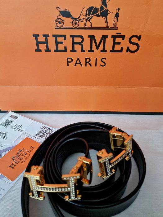Curea reglabila piele naturala Hermes, insertii strass, saculet, etichetă