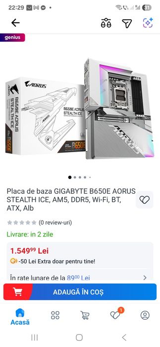 Placa de baza GIGABYTE B650E AORUS STEALTH Ice, AM5, DDR5, Wi-Fi, BT