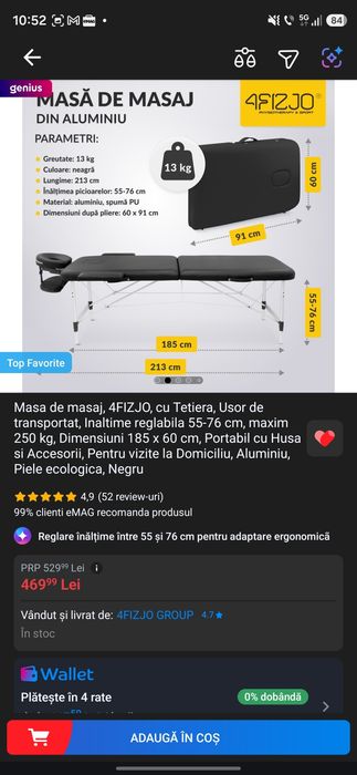Masa de masaj si reabilitare 4FIZJO aluminiu 60 cm - negru