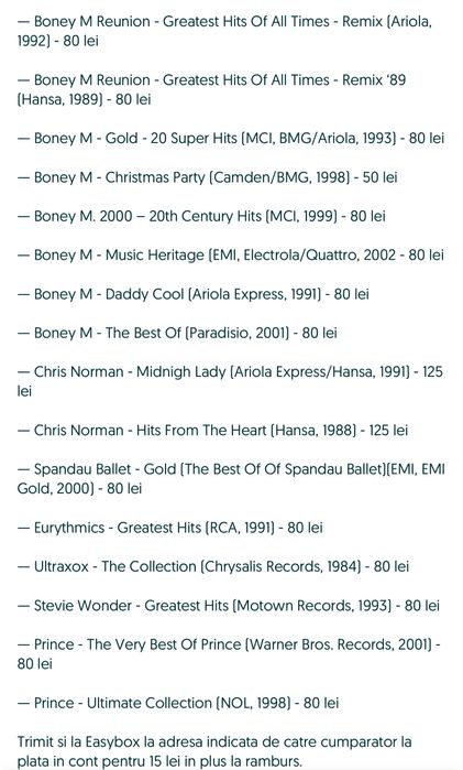 Pachet 3 cd-uri Disco ‘80 - Boney M/Eurythmics/Ultravox/Chris Norman