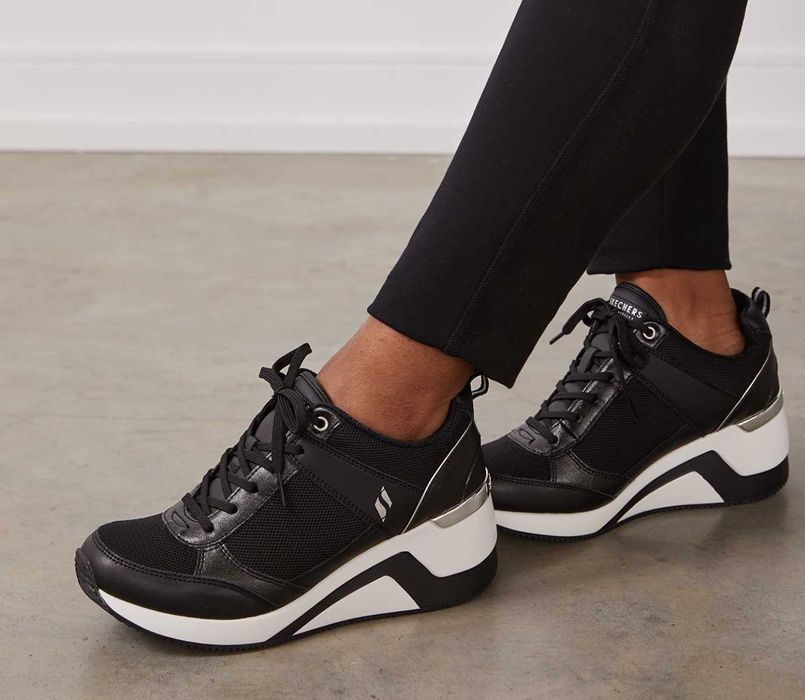 Pantofi SKETCHERS sport dama/tenisi negru cu alb, h=6cm, 38