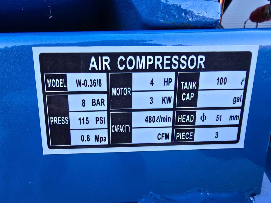 2025 Компресор за въздух - 100 литра 3.0 kW, 4 hp 8 bar.480л/м