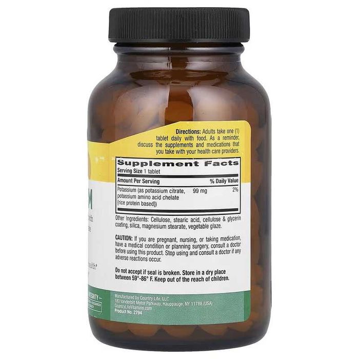 Country Life Potassium kaliy Калий, 99 мг, 250 таблеток