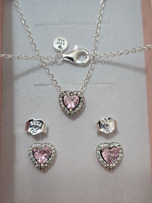 Set colier si cercei inima roz/pink heart