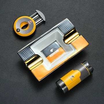 Подаръчен комплект от пепелник,запалка/стойка и ножица за пури