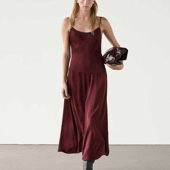 Massimo Dutti rochie nedie burgundy satin volan bretele