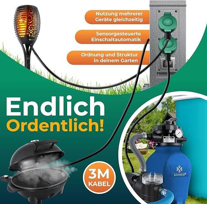 Градински контакт с колона със сензор за здрач, пластмасов разклонител