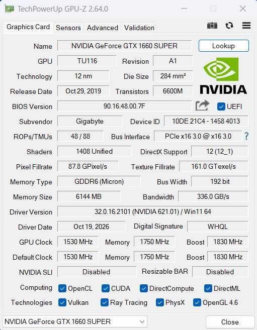 vand Gigabyte GTX 1660 SUPER OC 6gb