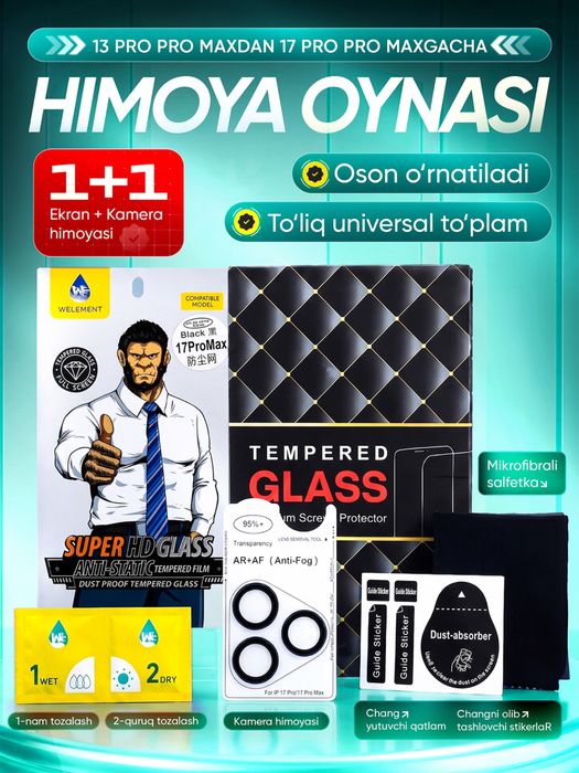 HD himoya oynasi + kamera oynasi 13Pro Pro max dan 17Pro Promax gacha