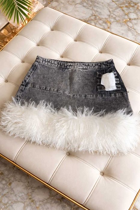 дънков сив сет пух пера яке пола pretty litttle things коледен  топ