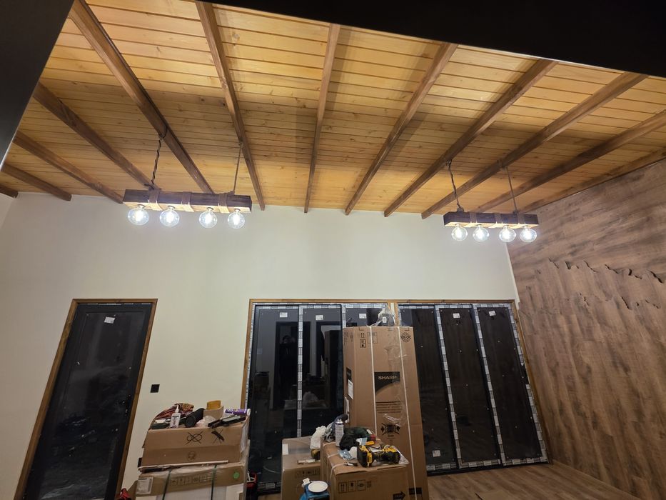 Ръчно изработен индустриален полилей от масивно дърво | LED Edison | Loft стил