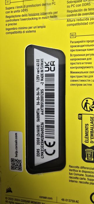 Ram Corsair Vengeance Kit 32Gb Ddr5 5600 Mhz CL36 Nou