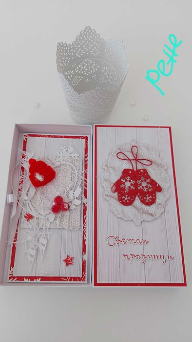 Елегантни коледни картички в кутия с обемни цветя, ръчно изработени