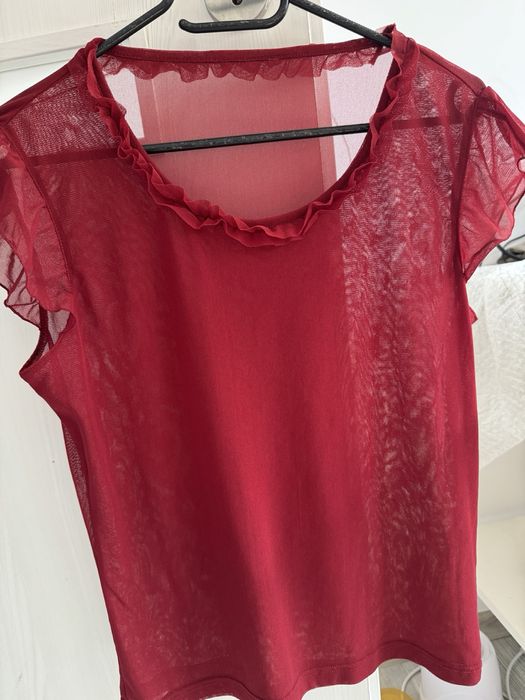 Bluză damă S/M bordo elegantă, voal/mesh, dublată în față