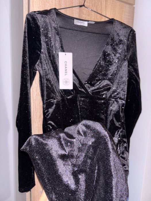 Rochie eveniment Ch anel - negru catifea sclipici fin NOU