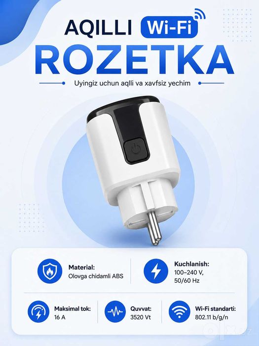 Tuya Smart Life aqlli Wi-Fi rozetka, 16A, 2.4 GHz