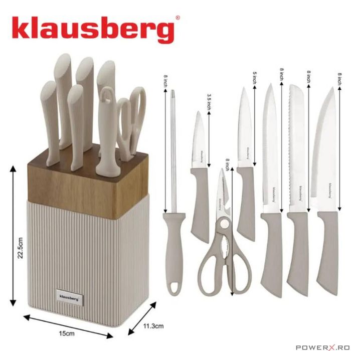 Set de cutite 8 piese, cu bloc de salcam, otel inoxidabil, Klausberg