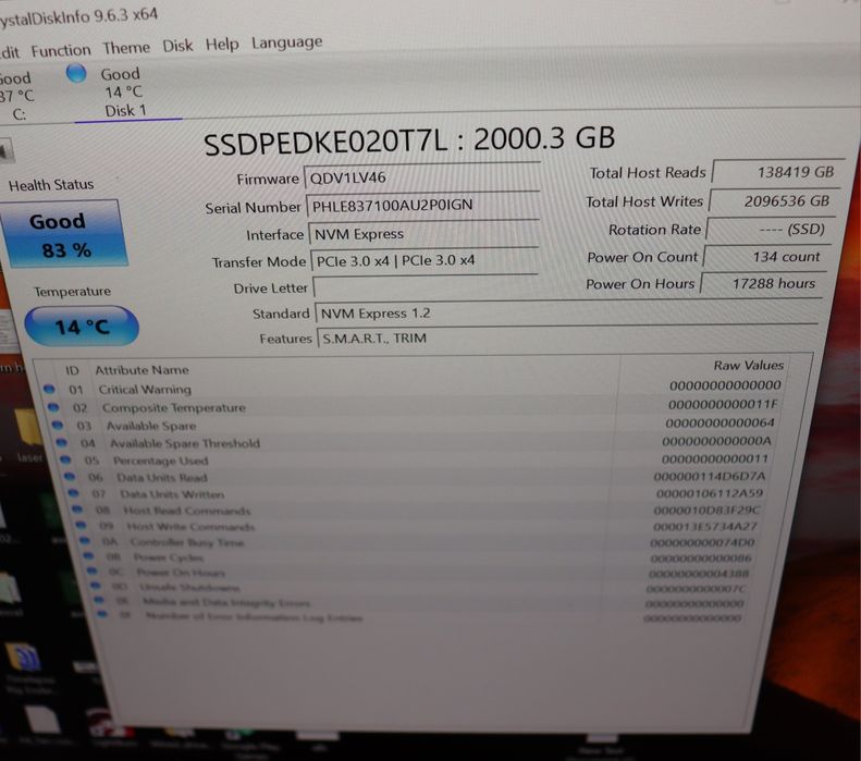 NVME Enterprise Server/Workstation  TLC Intel SSD DC P4600 2TB 97% Health 1% Wear
