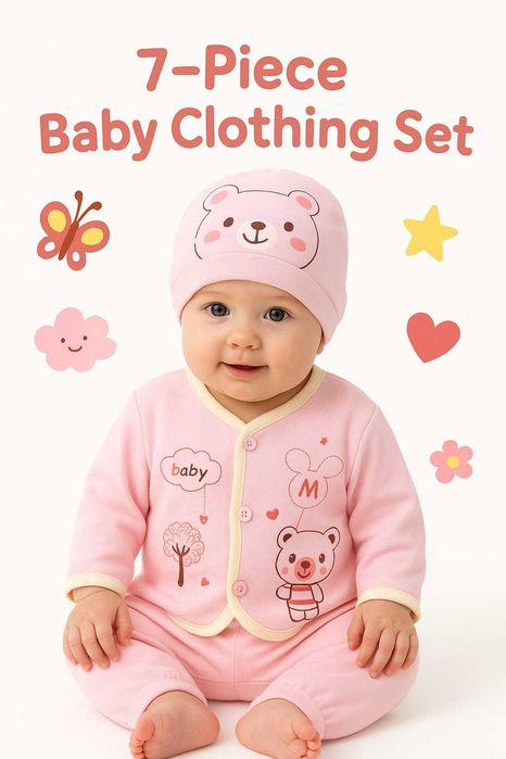 Haine nou-nascuți, 0-3 luni, set 7 piese cu ursulet, roz/galben