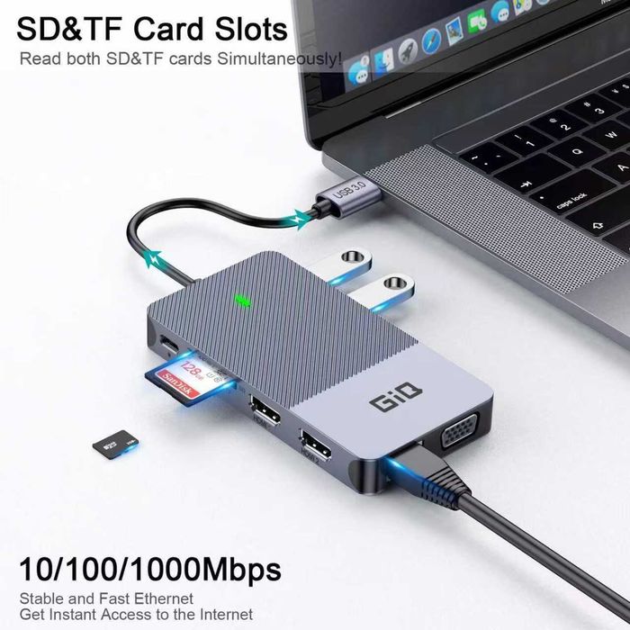 USB докинг станция Giq USB C Hub USB 3.0 към Dual HDMI VGA адаптер за три дисплея и монитори