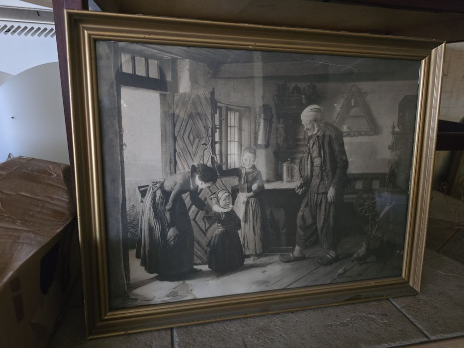 Рядък антикварен принт / литография „Посещение при дядото“ (1854 г.), в златна рамка