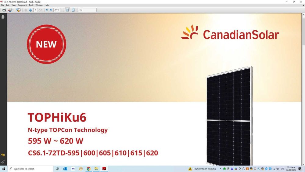 6 panouri fotovoltaice  Canadian Solar CS6.1-72TD-605