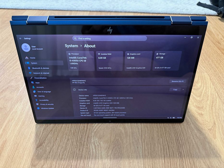 HP Elite Dragonfly, i5-8365U, 8GB RAM, 512GB SSD, Touchscreen