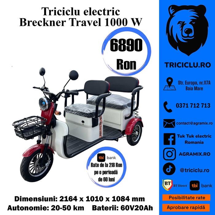 Tuk-tuk BRECKNER TRAVEL-2 triciclu electric cu CIV fara permis Agramix