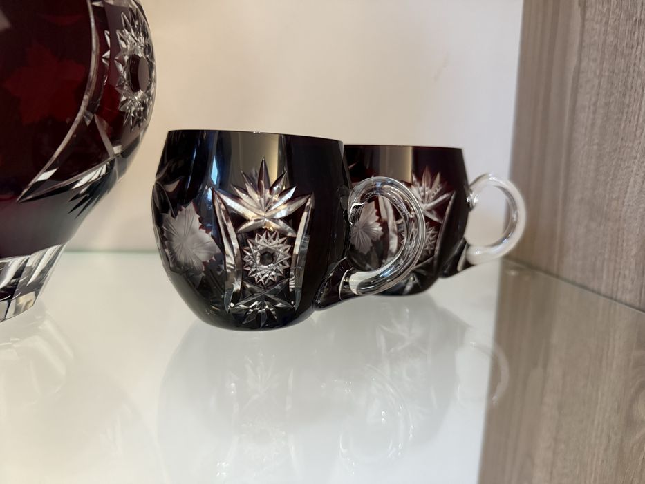 Set cristal Bohemia ruby – cristal tăiat manual | stare impecabilă