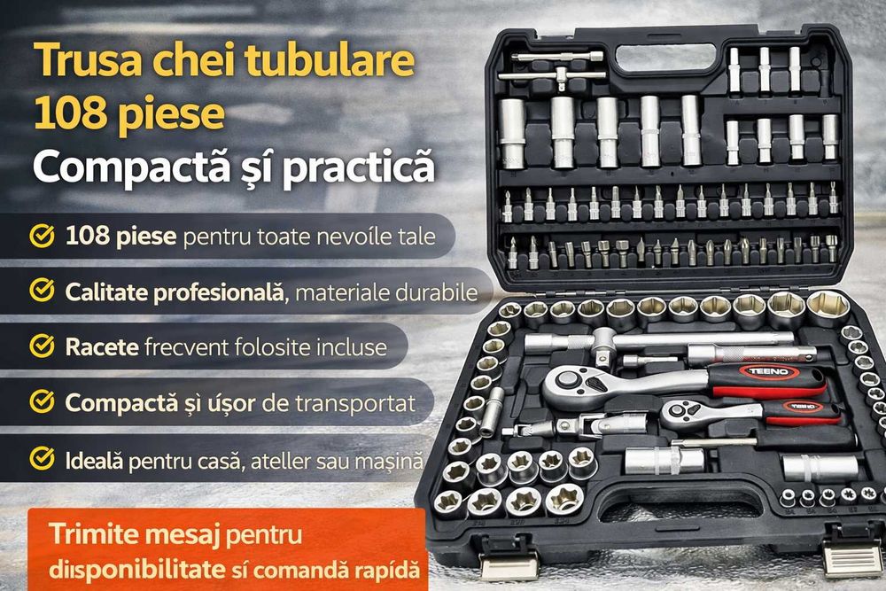 Trusa chei tubulare 108 piese profesionala completa