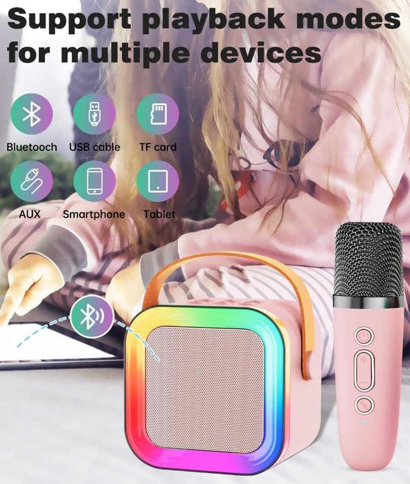 Безжична Bluetooth Караоке тонколонка с два микрофона - RGB LED светлини