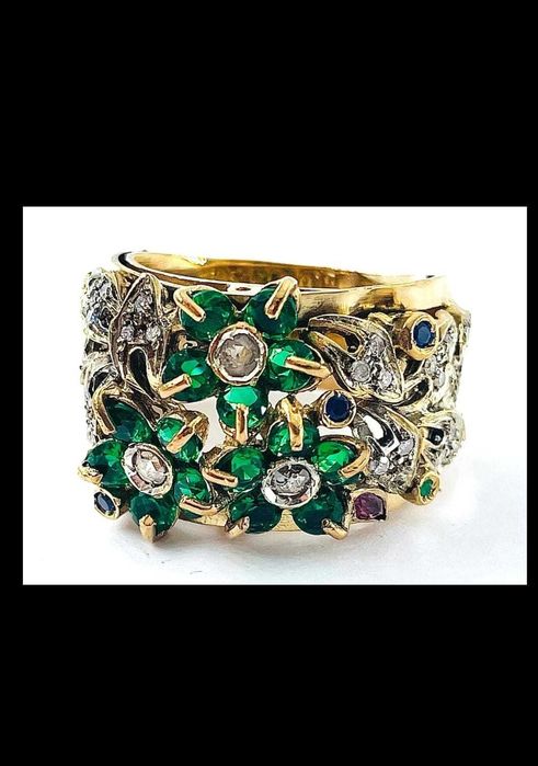 Inel monumental aur 9K cu smaralde, diamante, rubine si safire
