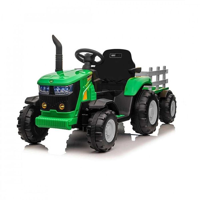 Tractor electric pentru copii Nichiduta Track Green 90W cu telecomanda 2.5G, Acumulator 12V, Remorca detasabila, Centura siguranta, Faruri  LED,