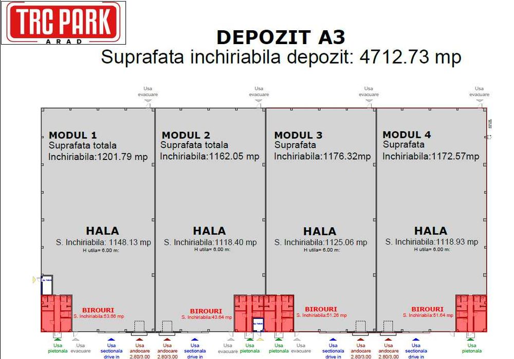 Spații Clasa A de închiriat – Hala A3 Modul 1 și 2