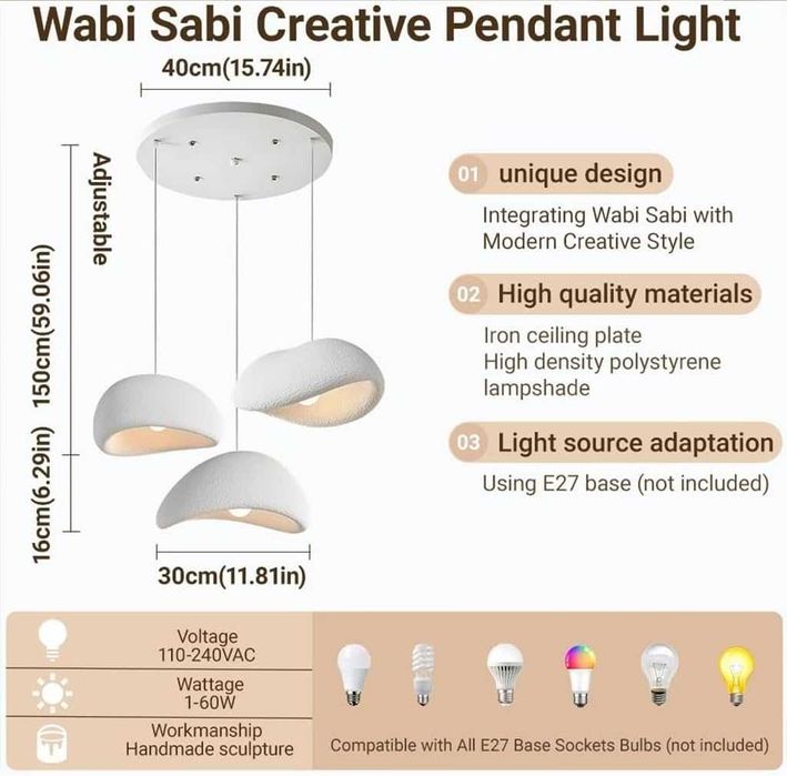 Висяща лампа Wabi Sabi E27, модерна, бяла, неправилен дизайн, полилей