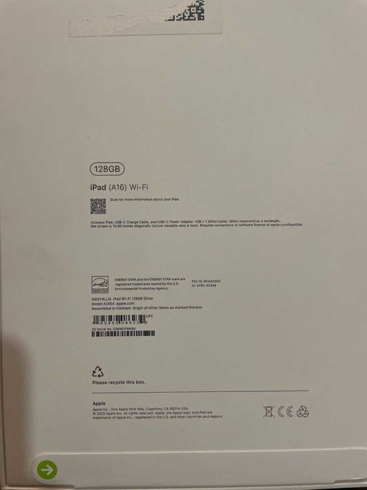 Apple iPad A16 128GB Wi-Fi Silver — новый, запечатан