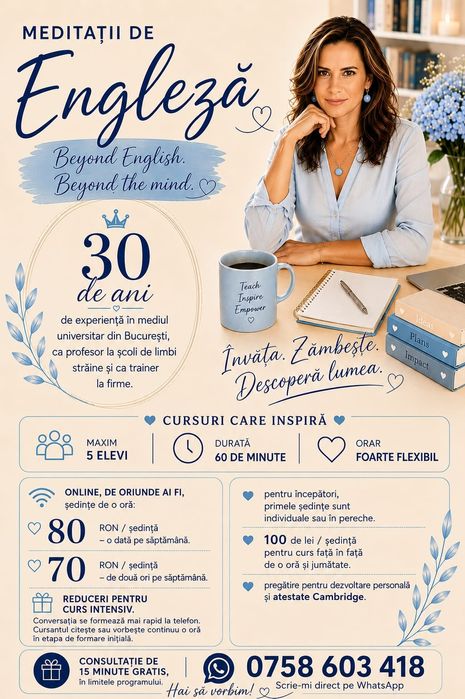 Cursuri / Meditații Engleză în grupe mici și personalizate, practice, distractive, orice obiectiv, orice nivel