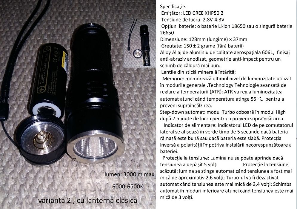 Vand set complet lanterna cu 1 akk 26650/4500mA