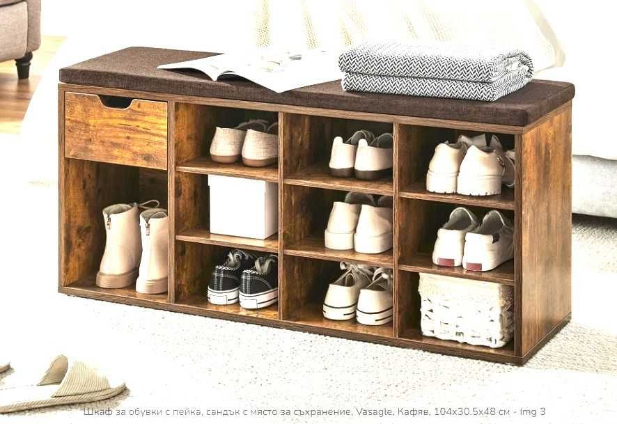 Шкаф за обувки с пейка, сандък с място за съхранение, Vasagle, Кафяв, 104x30.5x48 см