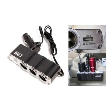 Разклонител за запалка на автомобил, с 3 гнезда и USB изход, 5V/500 mA