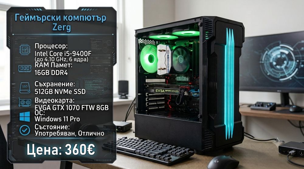 Геймърски Компютър (i5-9400F / GTX 1070 FTW / 16GB RAM / 512GB NVMe / Win 11 Pro)