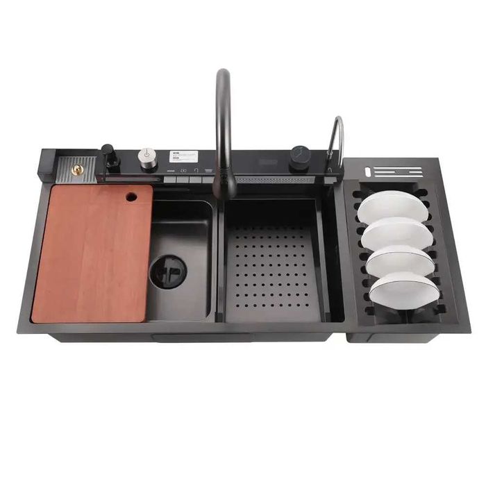 Мултифункционална кухненска мивка с двоен водопад и отделение за чинии