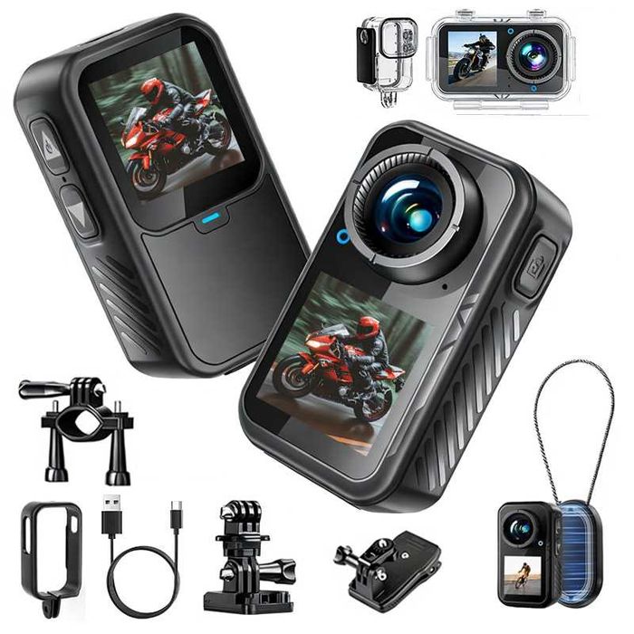 Camera Video Actiune Corporala, 5k (stabilizare EIS 6 axe, ecran LCD), 4K, 2,7k) conectare wi-fi accesorii prindere bicicleta
