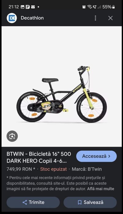 Bicicleta Btwin Dark Hero cu roti de 16inch