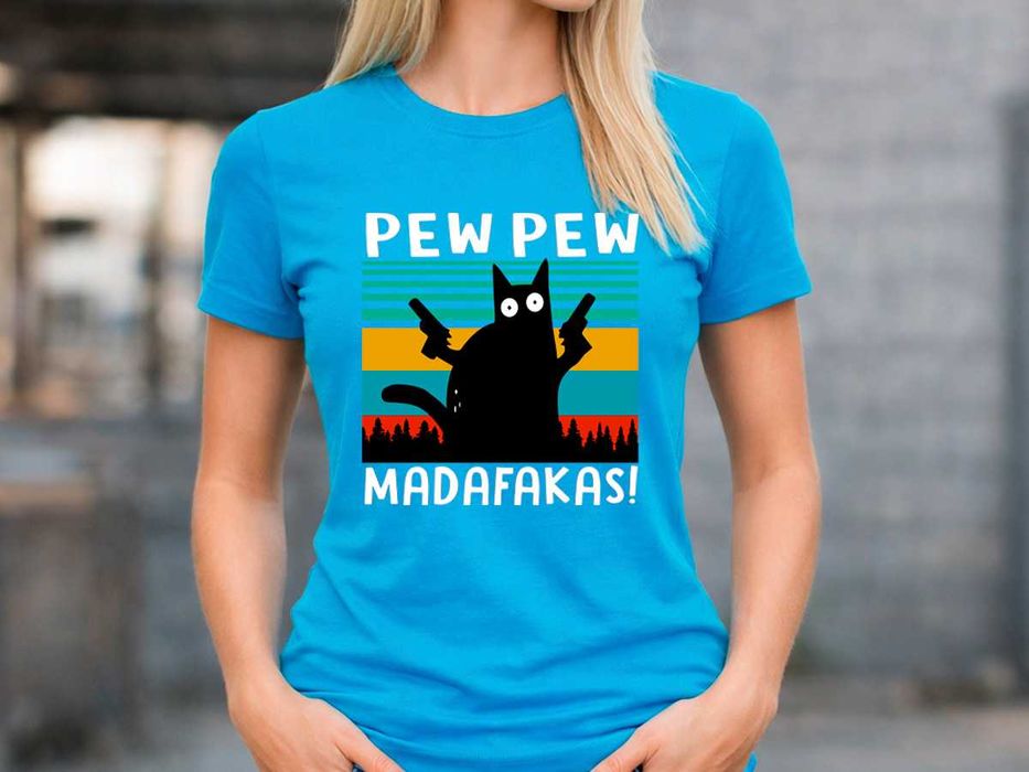 Дамска синя тениска с котка „Pew Pew Madafakas“ – забавен ретро дизайн