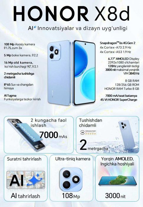 Honor ,Honor x8d New Madel 8/256,8/128 248$ Rasrochka ga ham bor